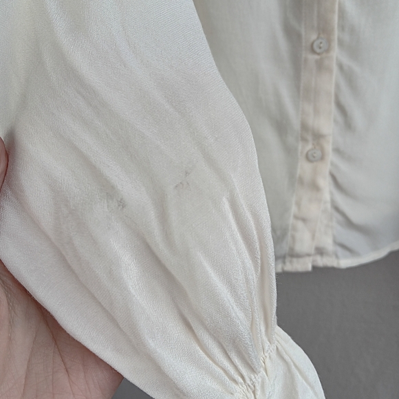 Line & Dot Tie Neck Ruffle Sleeve Semi Sheer Blouse Ivory Off White Size Small - Picture 4 of 5